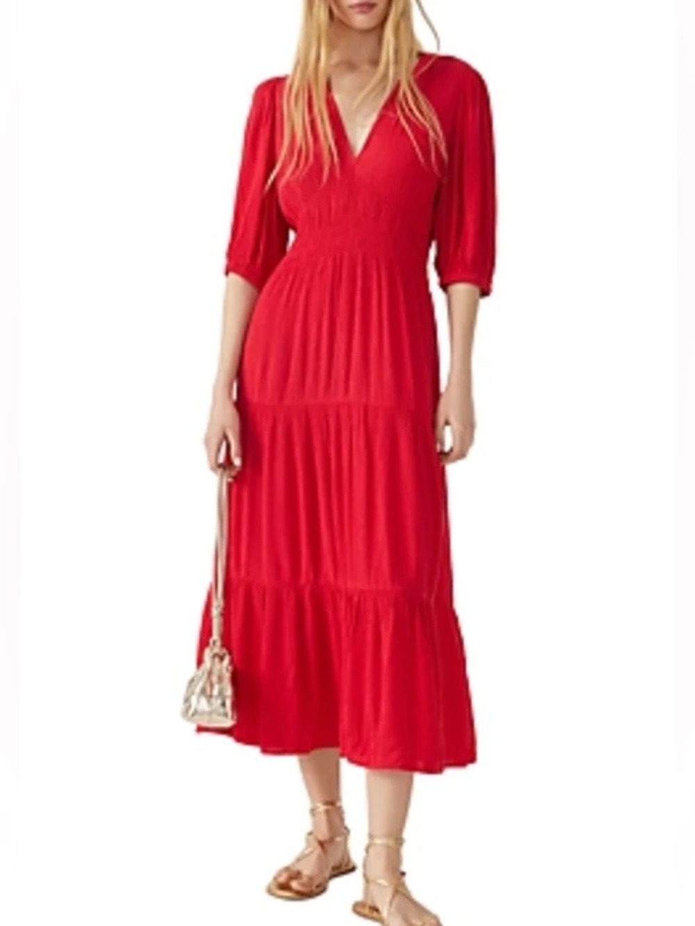 ba&sh Red V-Neck Tiered Midi Dress, M, VGUC